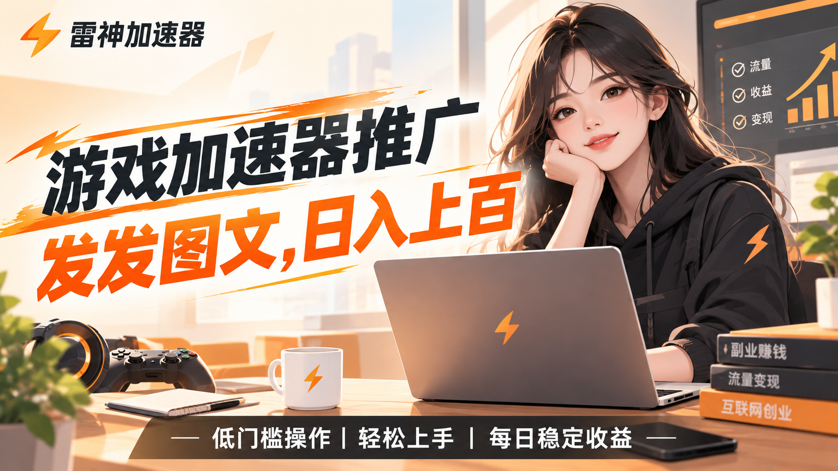 游戏加速器推广项目，每天发发图文视频日入几十-橙心云网创
