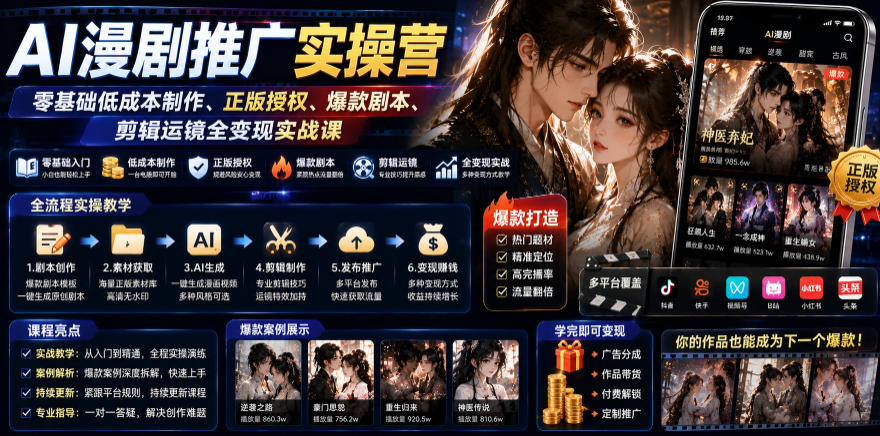 AI漫剧推广实操营｜零基础低成本制作、正版授权、爆款剧本、剪辑运镜全变现实战课云辞狐 ∞ 稳定更新轻创终点站