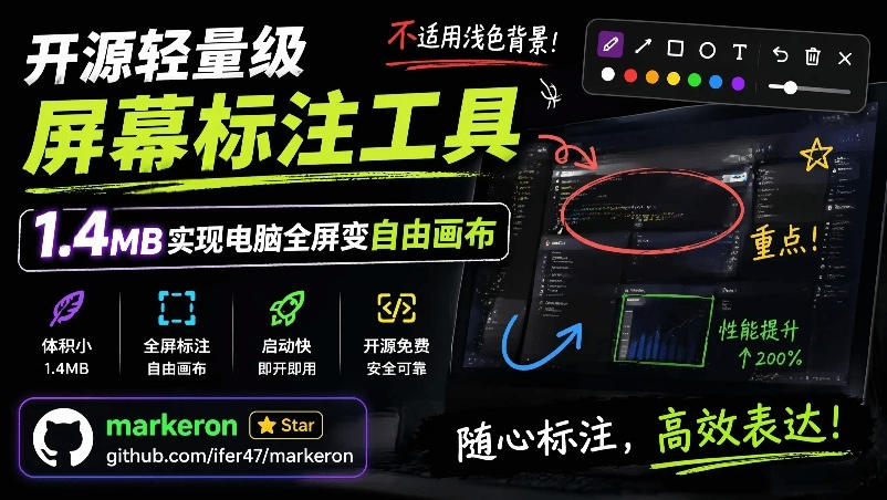 开源轻量级屏幕标注工具，1.4MB实现电脑全屏变自由画布！支持8种标注工具和全键盘操控MarkerOn云辞狐 ∞ 稳定更新轻创终点站