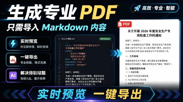 只需导入Markdown内容，实时预览一键导出专业PDF！轻松解决AI生成内容排版问题Presto云辞狐 ∞ 稳定更新轻创终点站