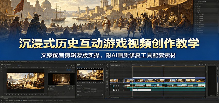 沉浸式历史互动游戏视频创作教学：文案配音剪辑蒙版实操，附AI画质修复工具配套素材云辞狐 ∞ 稳定更新轻创终点站