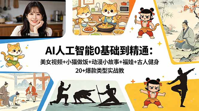 AI人工智能0基础到精通：美女视频+小猫做饭+动漫小故事+福娃+古人健身，20+爆款类型实战教学云辞狐 ∞ 稳定更新轻创终点站