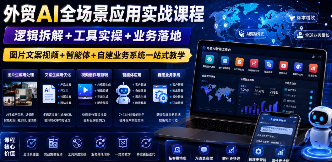 外贸AI全场景应用实战课程｜逻辑拆解+工具实操+业务落地，图片文案视频+智能体+自建业务系统一站式教学云辞狐 ∞ 稳定更新轻创终点站