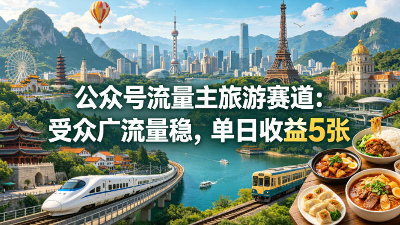 公众号流量主之旅游赛道，受众广+流量稳，平均单日收益5张+云辞狐 ∞ 稳定更新轻创终点站