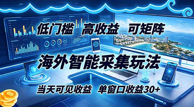 海外智能采集玩法，低门槛高单价可矩阵，当天可见收益，单窗口30+云辞狐 ∞ 稳定更新轻创终点站