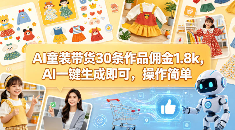 AI童装带货30条作品佣金1.8k，AI一键生成即可，操作简单云辞狐 ∞ 稳定更新轻创终点站