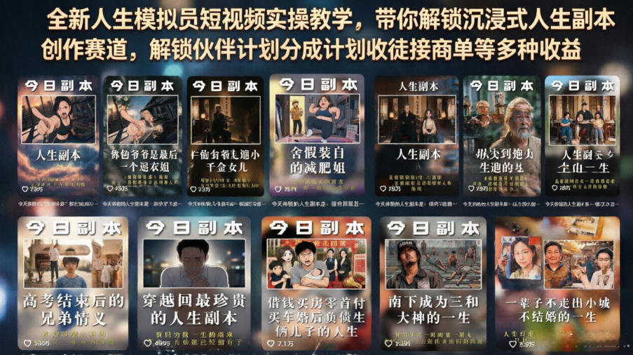 全新人生模拟员短视频实操教学，带你解锁沉浸式人生副本创作赛道，解锁伙伴计划分成计划收徒接商单等多种收益云辞狐 ∞ 稳定更新轻创终点站