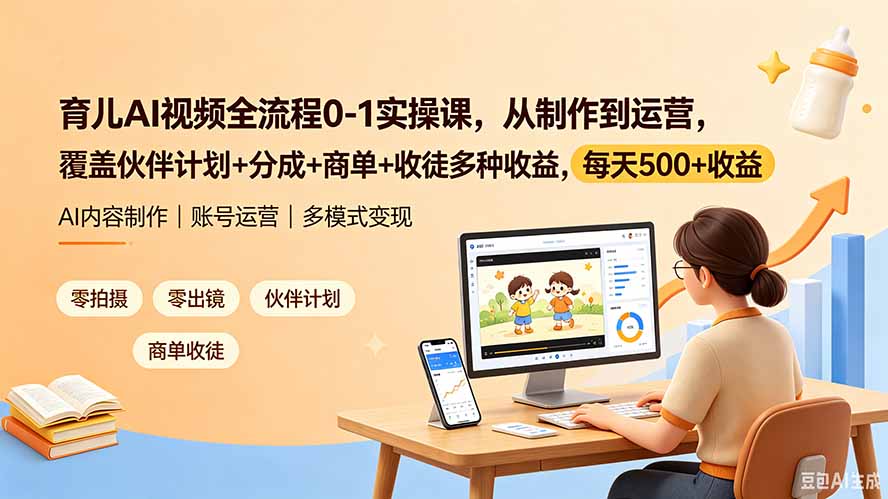 育儿AI视频全流程0-1实操课，从制作到运营，覆盖伙伴计划+分成+商单+收徒多种收益，每天500+收益云辞狐 ∞ 稳定更新轻创终点站