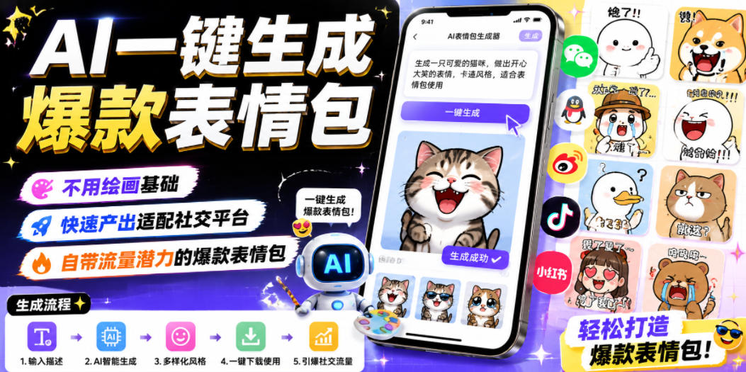AI一键生成爆款表情包，不用绘画基础，快速产出适配社交平台，自带流量潜力的爆款表情包云辞狐 ∞ 稳定更新轻创终点站