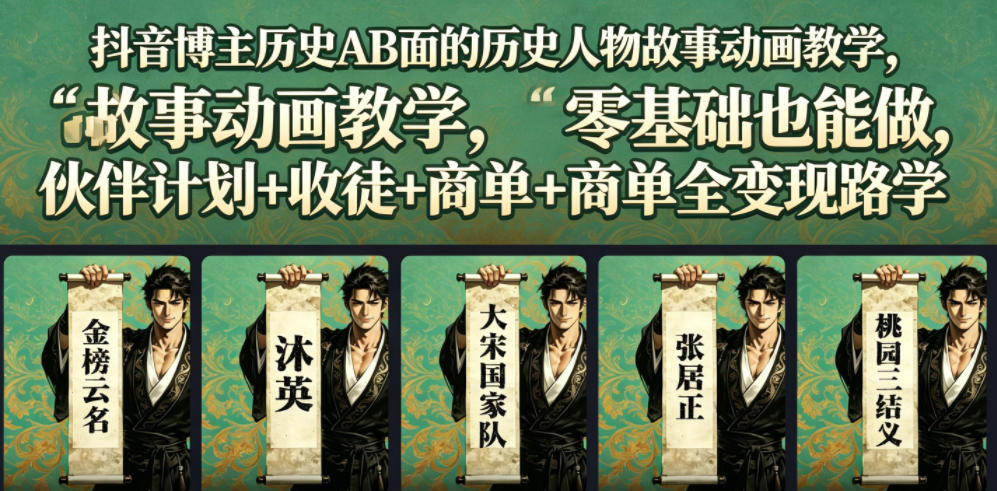 抖音博主历史AB面的历史人物故事动画教学，零基础也能做，伙伴计划+收徒+商单全变现路径教学云辞狐 ∞ 稳定更新轻创终点站