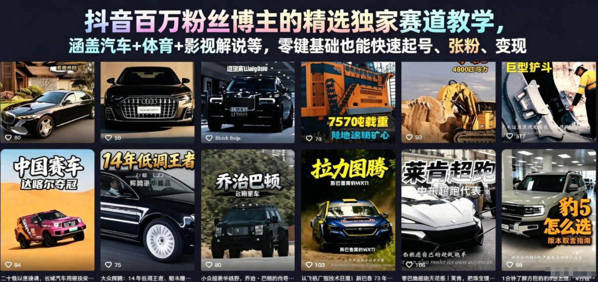 抖音百万粉丝博主的精选独家赛道教学，涵盖汽车+体育+影视解说等，零基础也能快速起号、涨粉、变现云辞狐 ∞ 稳定更新轻创终点站
