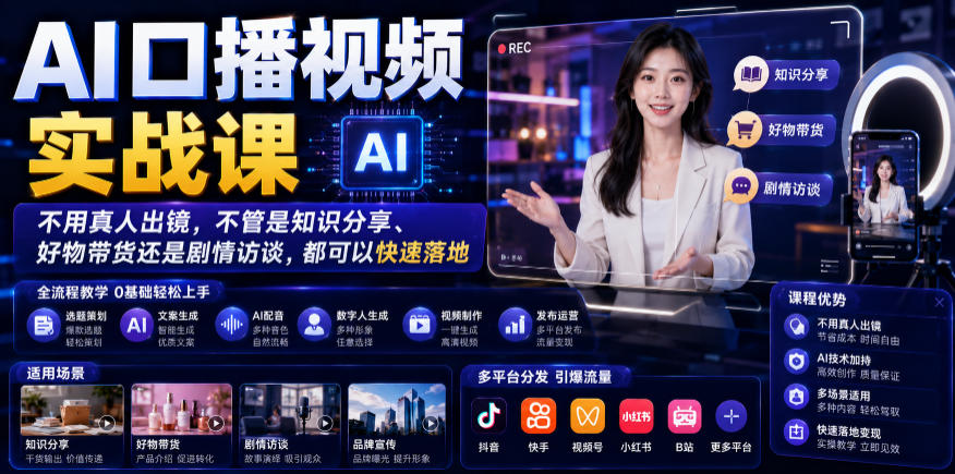 AI口播视频实战课，不用真人出镜，不管是知识分享、好物带货还是剧情访谈，都可以快速落地云辞狐 ∞ 稳定更新轻创终点站