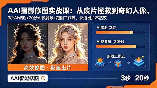 AI摄影修图实战课：从废片拯救 到 奇幻人像，3秒AI修脸+20秒AI换背景+跑图工作流，快速出片不熬夜云辞狐 ∞ 稳定更新轻创终点站