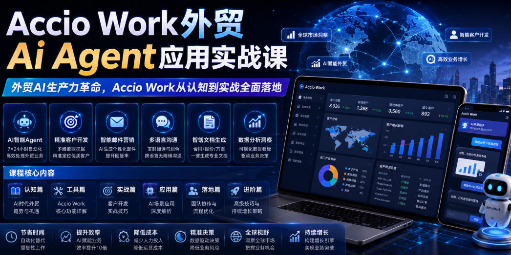 Accio Work外贸Ai Agent应用实战课，外贸AI生产力革命，Accio Work从认知到实战全面落地云辞狐 ∞ 稳定更新轻创终点站