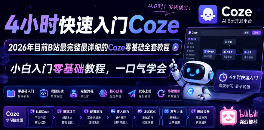 4小时快速入门Coze！2026年目前B站最完整最详细的Coze零基础全套教程，小白入门零基础教程，一口气学会！云辞狐 ∞ 稳定更新轻创终点站