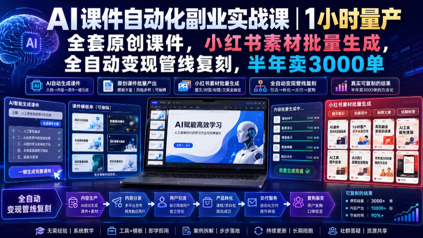 AI课件自动化副业实战课｜1小时量产全套原创课件，小红书素材批量生成，全自动变现管线复刻，半年卖3000单云辞狐 ∞ 稳定更新轻创终点站