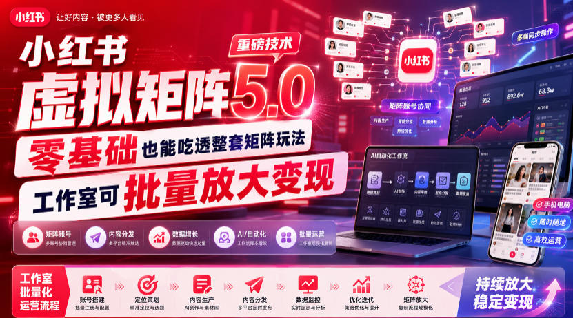 小红书虚拟矩阵5.0重磅技术，零基础也能吃透整套矩阵玩法，工作室可批量放大变现云辞狐 ∞ 稳定更新轻创终点站