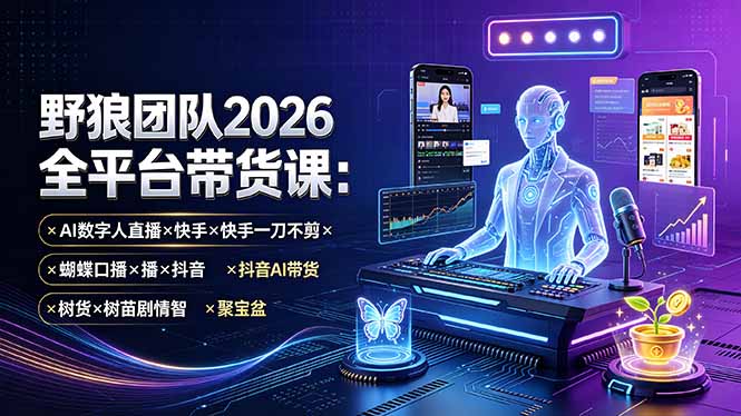 野狼团队2026全平台带货课-7月：AI数字人直播×快手一刀不剪×蝴蝶口播×抖音AI带货×树苗剧情智剪×聚宝盆云辞狐 ∞ 稳定更新轻创终点站