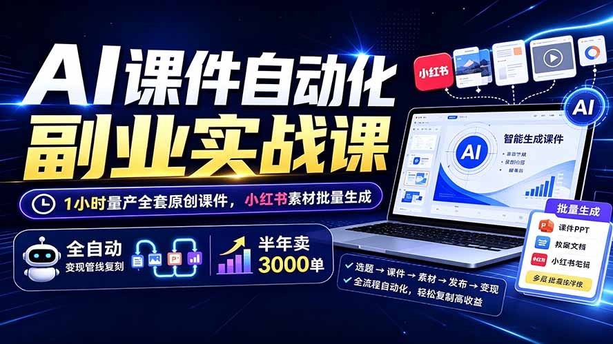 AI课件自动化副业实战课：1小时量产全套原创课件×小红书素材批量生成×全自动变现管线×半年卖3000单云辞狐 ∞ 稳定更新轻创终点站