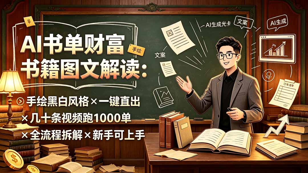 AI书单财富书籍图文解读：手绘黑白风格×一键直出×几十条视频跑1000单×全流程拆解×新手可上手云辞狐 ∞ 稳定更新轻创终点站