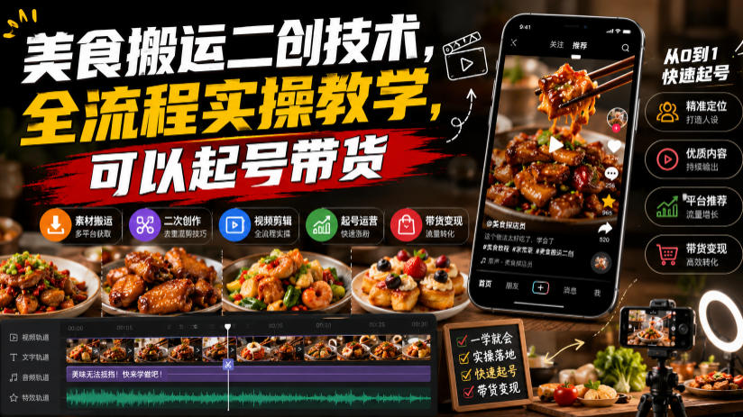 美食搬运二创技术，全流程实操教学，可以起号带货云辞狐 ∞ 稳定更新轻创终点站