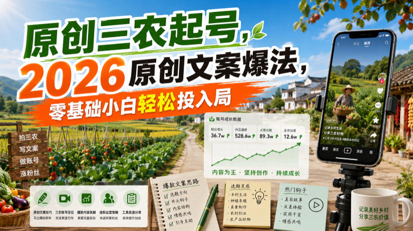 原创三农起号，2026原创文案爆法，零基础小白轻松投入局云辞狐 ∞ 稳定更新轻创终点站