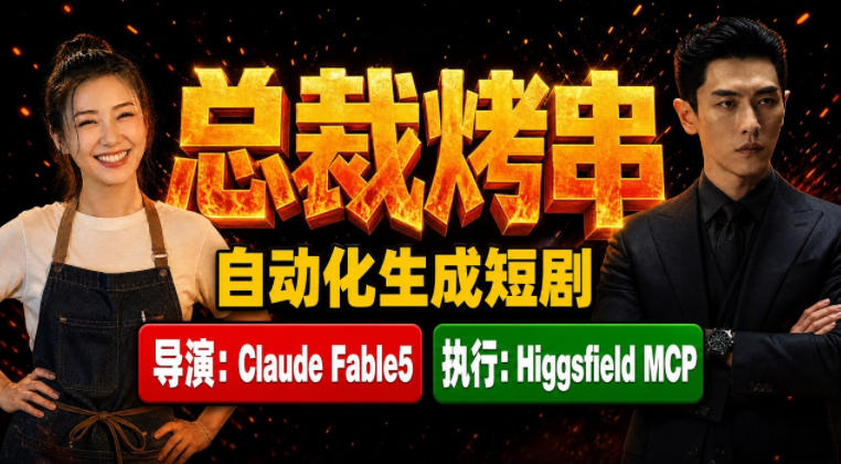 Claude Fable5担任导演+Higgsfield MCP落地执行｜《总裁烤串》真人质感短剧全自动AI生成全流程教学云辞狐 ∞ 稳定更新轻创终点站