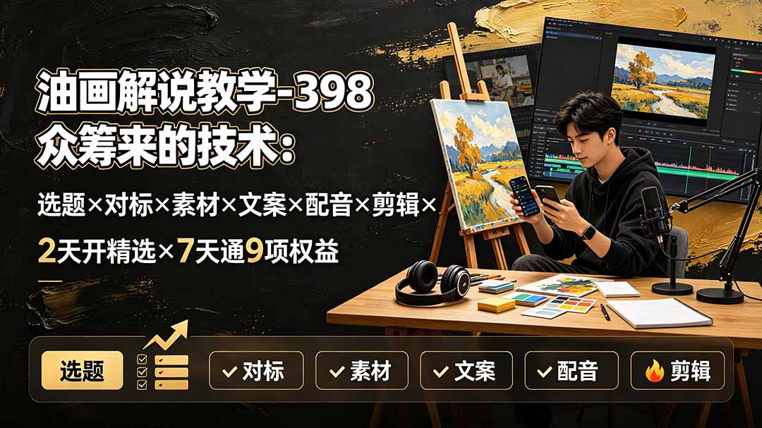 油画解说教学-398众筹来的技术：选题×对标×素材×文案×配音×剪辑×2天开精选×7天通9项权益云辞狐 ∞ 稳定更新轻创终点站