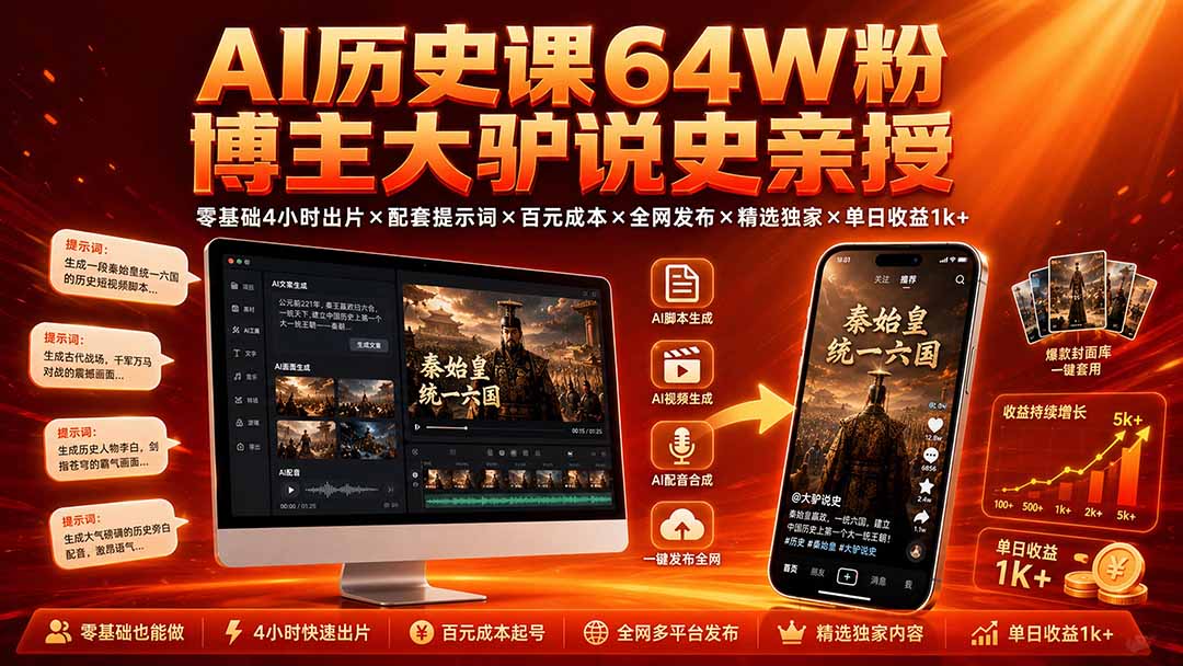AI历史课64W粉博主大驴说史亲授：零基础4小时出片×配套提示词×百元成本×全网发布×精选独家×单日收益1k+云辞狐 ∞ 稳定更新轻创终点站