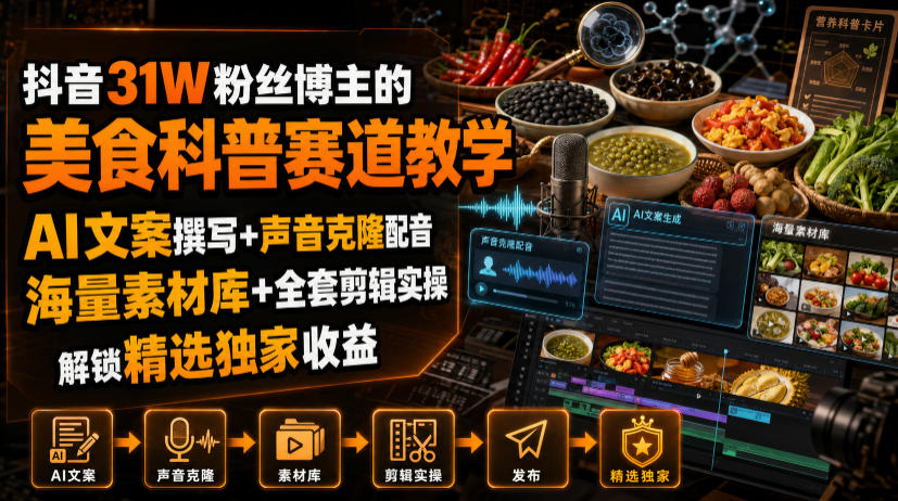 抖音31W粉丝博主的美食科普赛道教学，AI文案撰写+声音克隆配音+剪辑实操，解锁精选独家收益云辞狐 ∞ 稳定更新轻创终点站