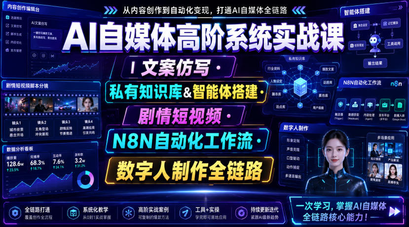 AI自媒体高阶系统实战课｜文案仿写・私有知识库&智能体搭建・剧情短视频・N8N自动化工作流・数字人制作全链路云辞狐 ∞ 稳定更新轻创终点站