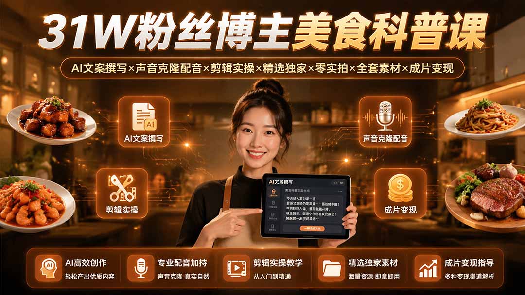 31W粉丝博主美食科普课：AI文案撰写×声音克隆配音×剪辑实操×精选独家×零实拍×全套素材×成片变现云辞狐 ∞ 稳定更新轻创终点站