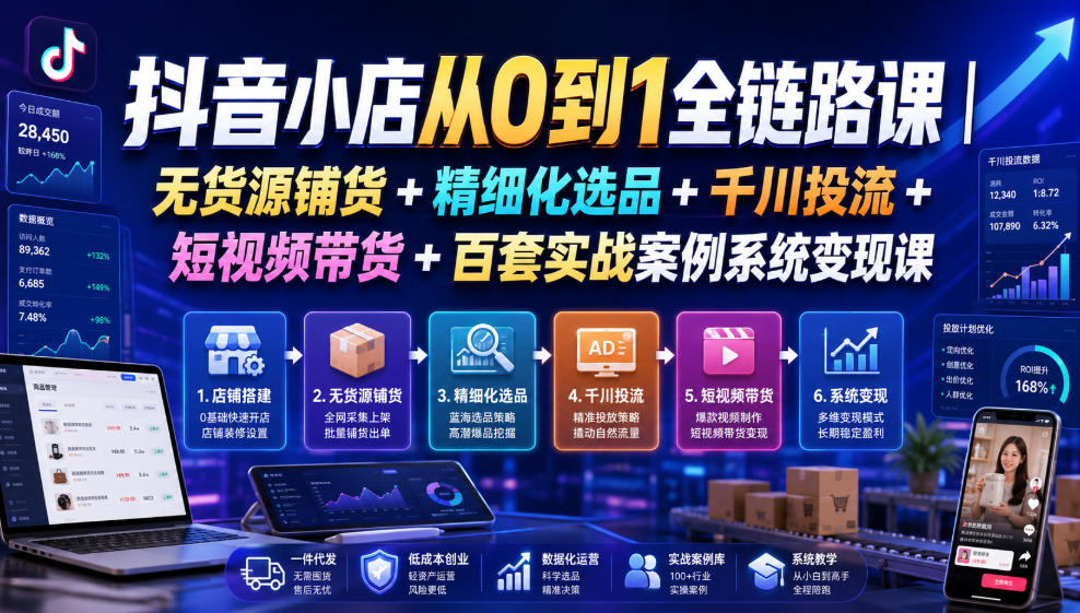 抖音小店从0到1全链路课｜无货源铺货+精细化选品+千川投流+短视频带货+百套实战案例系统变现课(2026年7月更新)云辞狐 ∞ 稳定更新轻创终点站