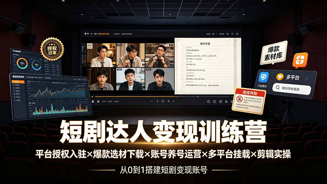 短剧达人变现训练营：平台授权入驻×爆款选材下载×账号养号运营×多平台挂载×剪辑实操×违规处理全流程云辞狐 ∞ 稳定更新轻创终点站