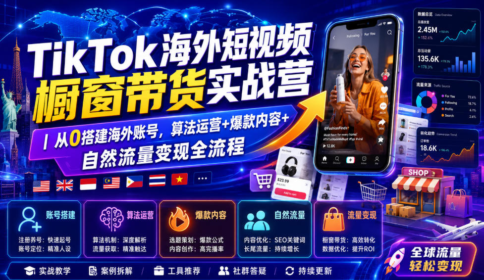 TikTok海外短视频橱窗带货实战营｜从0搭建海外账号，算法运营+爆款内容+自然流量变现全流程云辞狐 ∞ 稳定更新轻创终点站