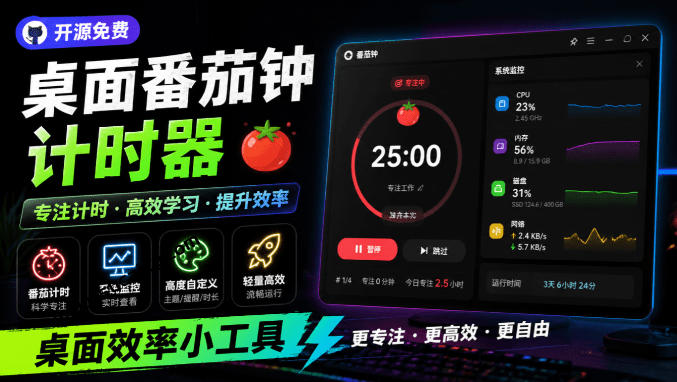 仅1.16MB，开源极简的桌面时钟、番茄钟计时器，还支持系统监控显示，桌面效率小工具Catime云辞狐 ∞ 稳定更新轻创终点站