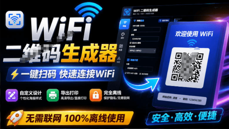 完全离线使用！WiFi二维码生成器，一键扫码快速连接WiFi，支持自定义风格导出WiFi二维码生成器云辞狐 ∞ 稳定更新轻创终点站