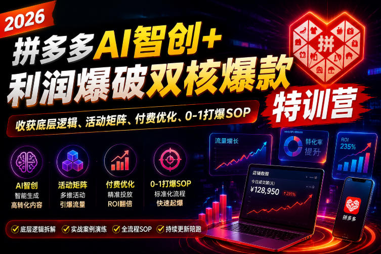 2026拼多多AI智创+利润爆破双核爆款特训营，收获底层逻辑、活动矩阵、付费优化、0-1打爆SOP(更新0727)云辞狐 ∞ 稳定更新轻创终点站