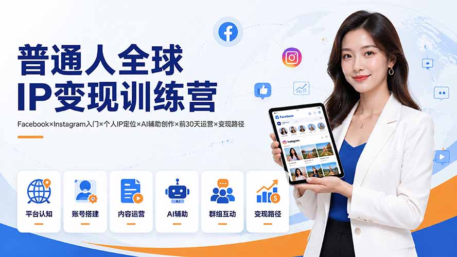 普通人全球IP变现训练营：Facebook×Instagram入门×个人IP定位×AI辅助创作×前30天运营×变现路径云辞狐 ∞ 稳定更新轻创终点站