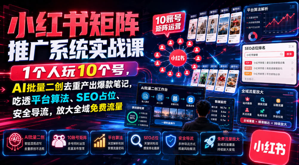 小红书矩阵推广系统实战课｜1个人玩10个号，AI批量二创去重产出爆款笔记，吃透平台算法、SEO占位、安全导流，放大全域免费流量云辞狐 ∞ 稳定更新轻创终点站