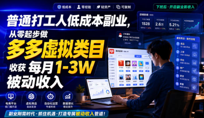 普通打工人低成本副业，从零起步做多多虚拟类目，收获每月1-3W被动收入【揭秘】云辞狐 ∞ 稳定更新轻创终点站