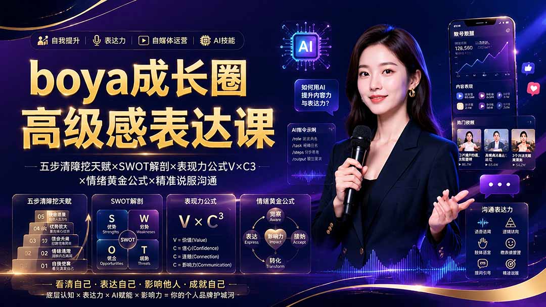 boya成长圈｜内心成长高级表达AI自媒体三合一，消解内耗挖掘天赋，镜头沟通AI指令短视频全流程教学云辞狐 ∞ 稳定更新轻创终点站