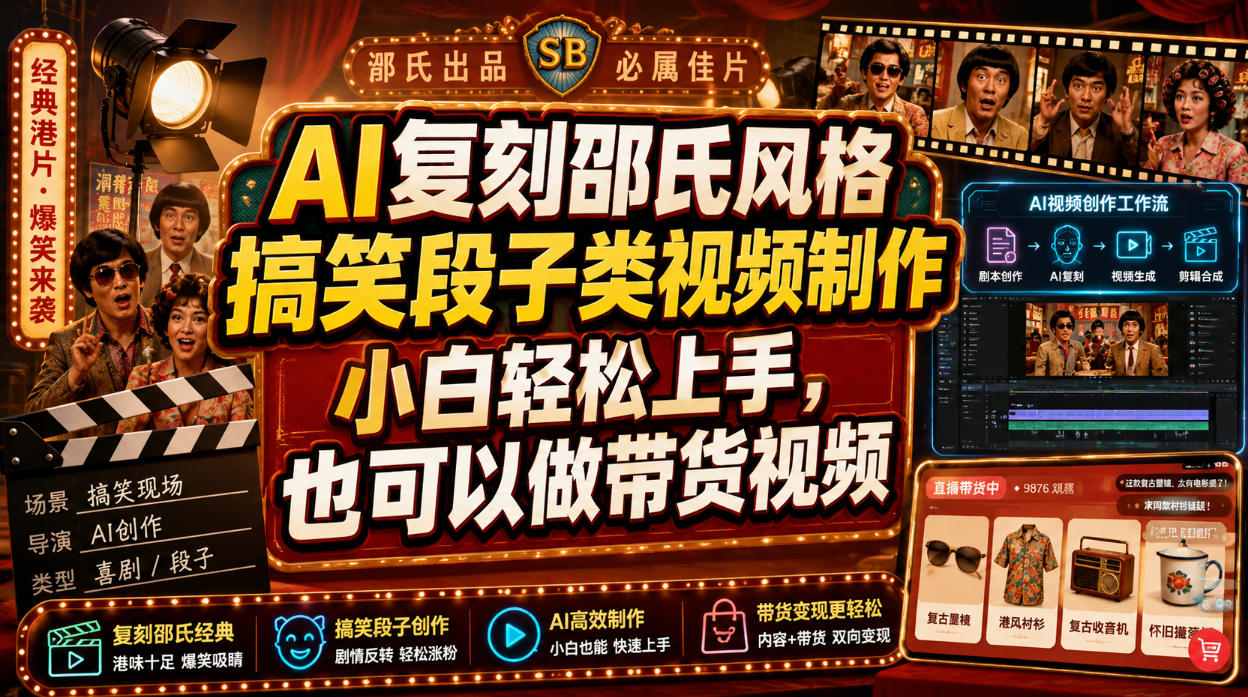 AI复刻邵氏风格搞笑段子类视频制作，小白轻松上手，也可以做带货视频云辞狐 ∞ 稳定更新轻创终点站