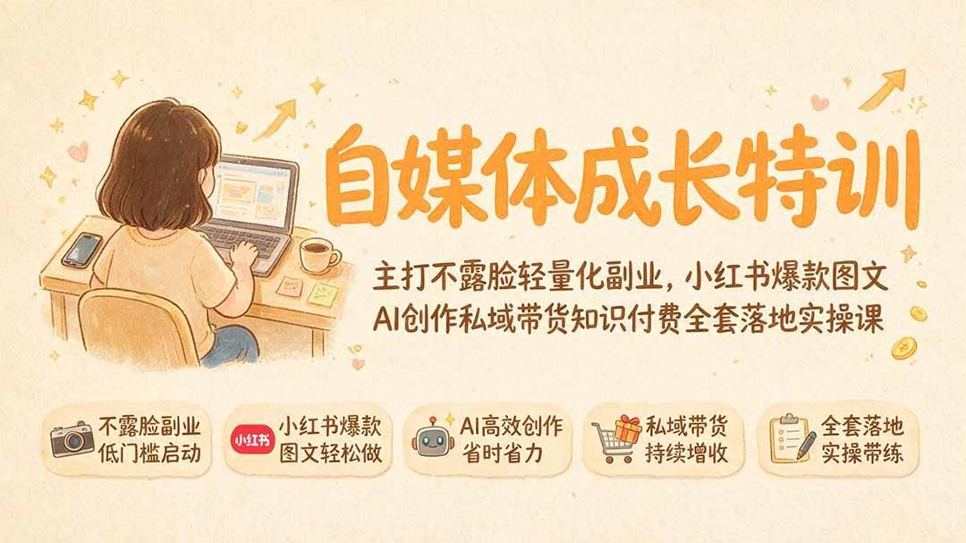 自媒体成长特训｜主打不露脸轻量化副业，小红书爆款图文AI创作私域带货知识付费全套落地实操课云辞狐 ∞ 稳定更新轻创终点站