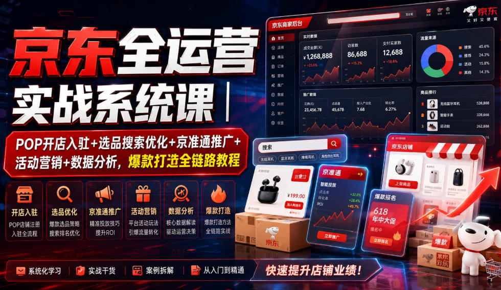 京东全运营实战系统课｜POP开店入驻+选品搜索优化+京准通推广+活动营销+数据分析，爆款打造全链路教程云辞狐 ∞ 稳定更新轻创终点站