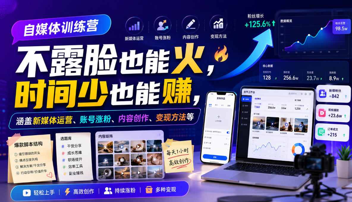 自媒体训练营，不露脸也能火，时间少也能賺，涵盖新媒体运营、账号涨粉、内容创作、变现方法等云辞狐 ∞ 稳定更新轻创终点站