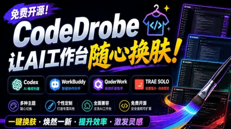 免费开源的CodeDrobe，让AI工作台随心换肤，支持Codex、WorkBuddy等，免费且本地运行！云辞狐 ∞ 稳定更新轻创终点站
