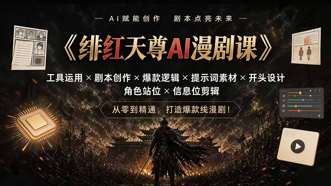 绯红天尊AI漫剧课|工具运用×剧本创作×爆款逻辑×提示词素材×开头设计×角色站位×信息位剪辑云辞狐 ∞ 稳定更新轻创终点站