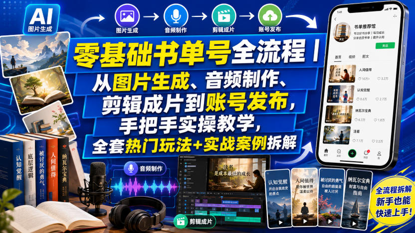 零基础书单号全流程|从图片生成、音频制作、剪辑成片到账号发布,手把手实操教学,全套热门玩法+实战案例拆解云辞狐 ∞ 稳定更新轻创终点站