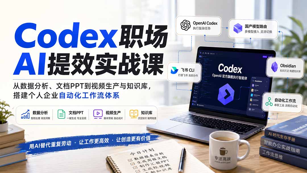 Codex职场AI提效实战课：从数据分析、文档PPT到视频生产与知识库，搭建个人企业自动化工作流体系-橙心云网创